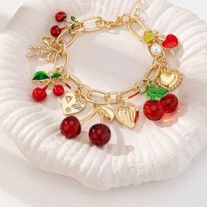 Sweet Multi Charm Red Cherry Heart  Bracelet Fun Gift
